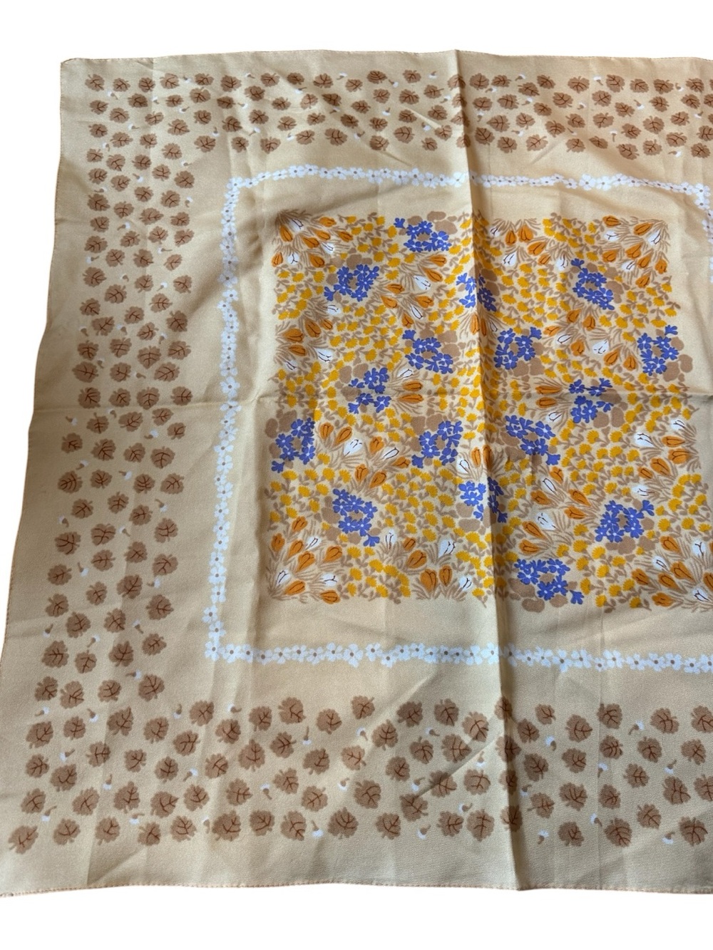 ✨🪻Vintage Floral Yellow Purple Brown Silk Wrap Scarf W/ Rolled Edges